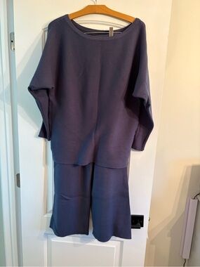 Source Unknown Slate Blue Ribbed Knit Top & Wide-Leg Pants Set